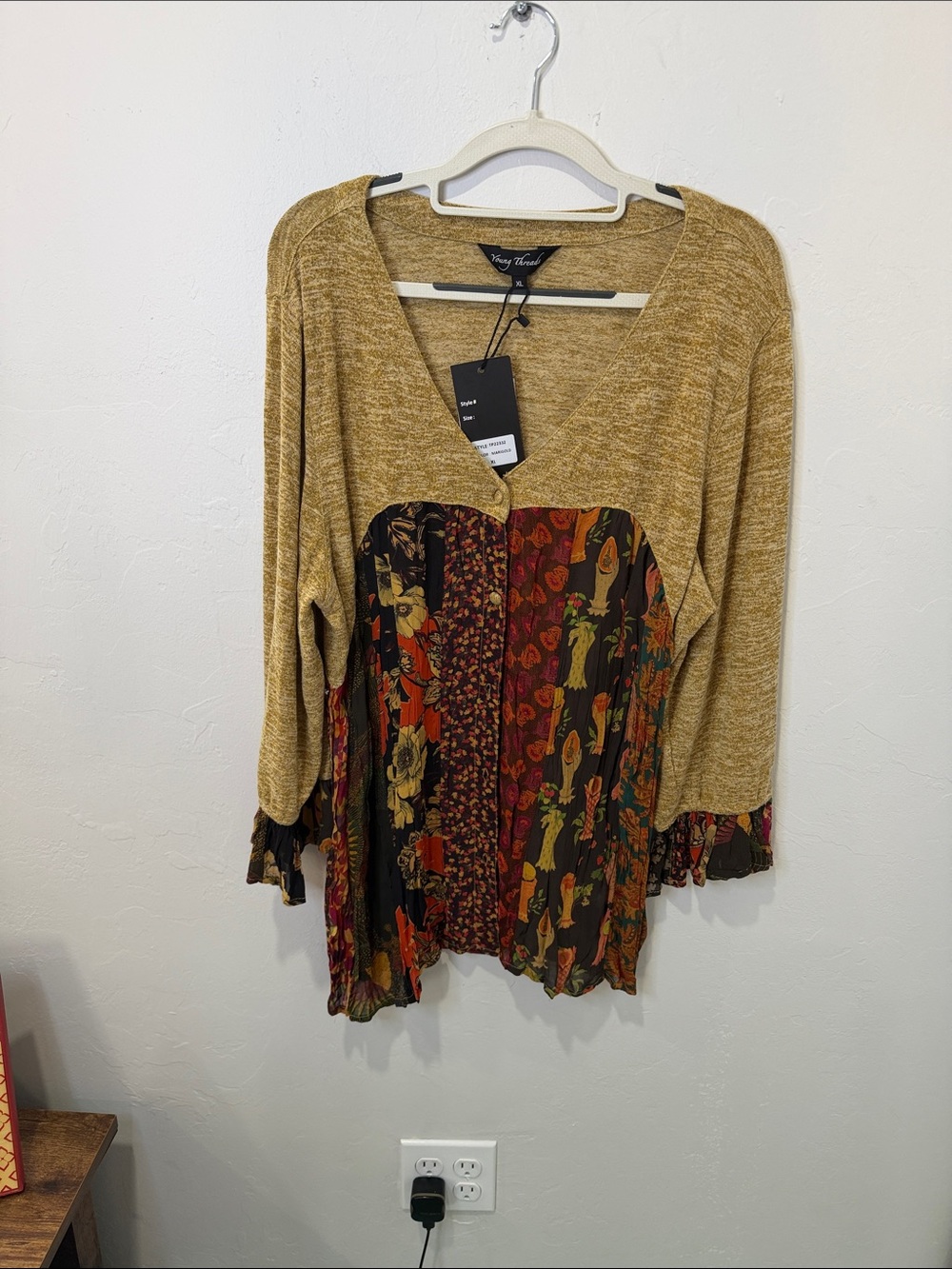 Very J Mustard Knit V-Neck Tunic with Mixed Floral Panels